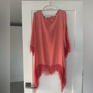 Made In Italy lightweight Coral/Salmon Fringe Tunic Cover Up Top. Open shoulder